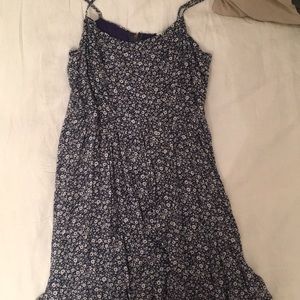 Flowered blue dress.